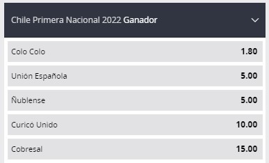 Cuotas a Ganador de la Liga Chilena 2022 en Betsson