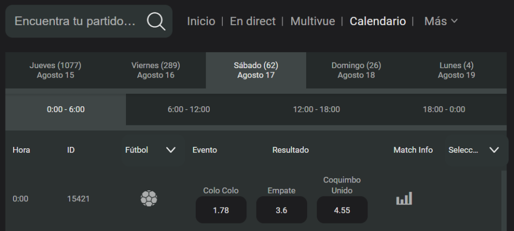 Calendario de apuestas en Drip Chile