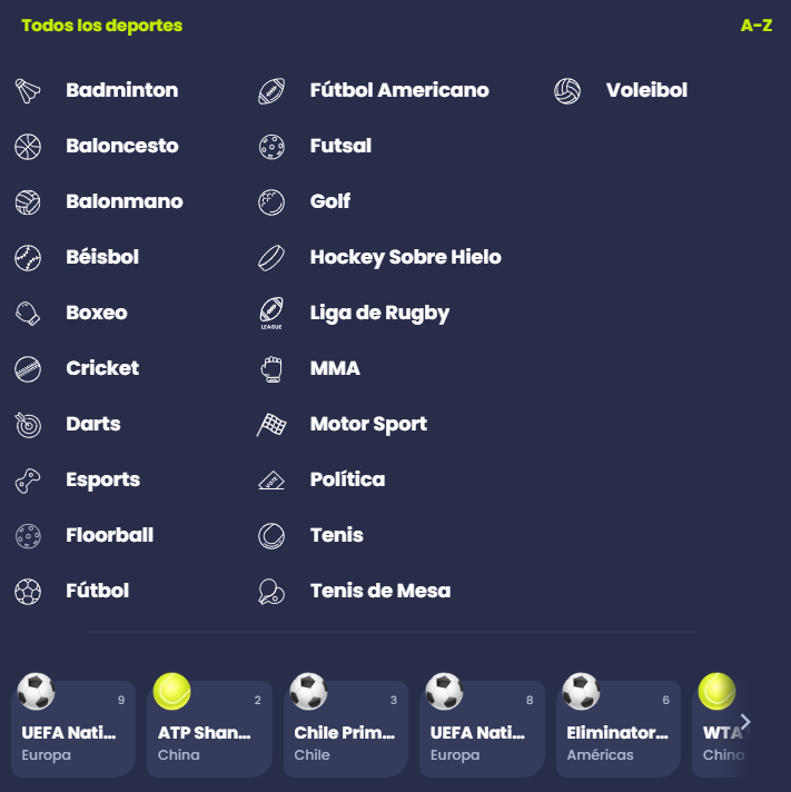Lista de deportes en Epicbet Chile