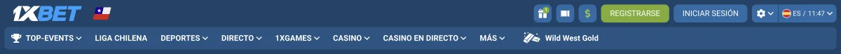 Barra de navegación de 1xBet con deportes, directo, 1xGames y casino