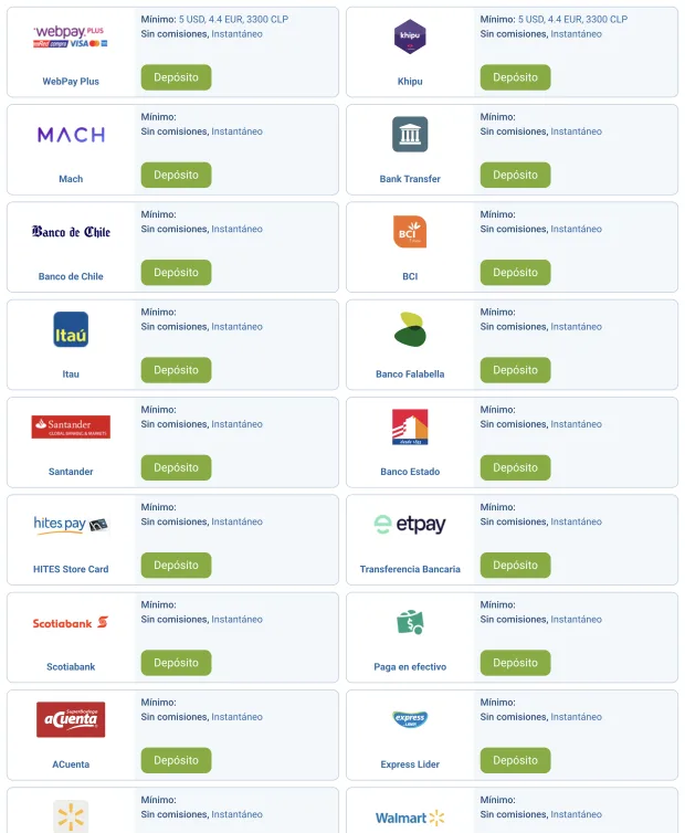 Fichas de Webpay Plus, Khipu, MACH y bancos chilenos en 1xBet
