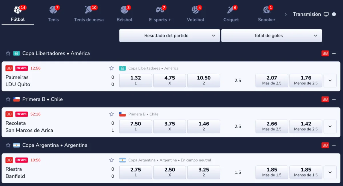 Partidos de fútbol en vivo en Betinia Chile, con la Primera B chilena y la Copa Libertadores