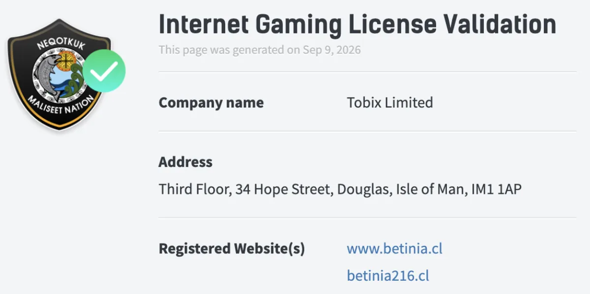 Validación de la licencia de juego de Betinia a nombre de Tobix Limited
