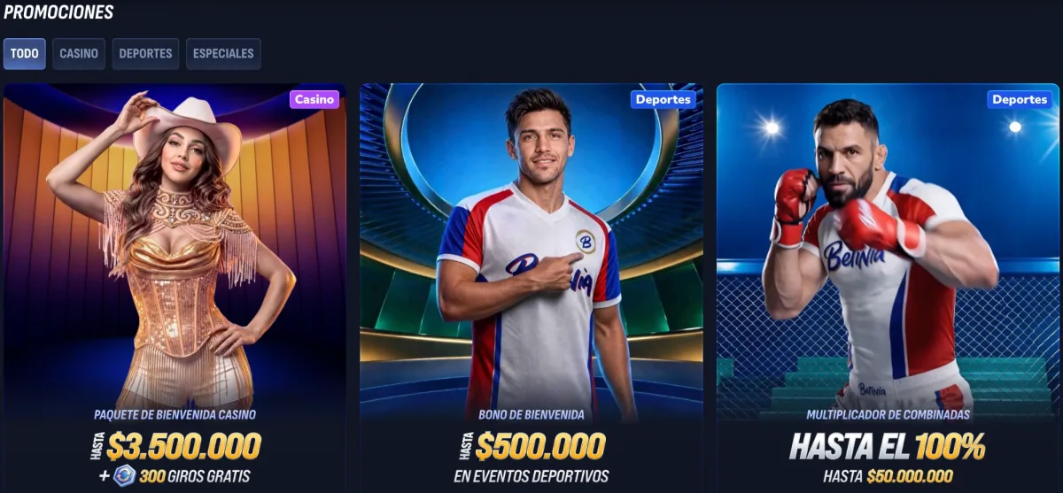 Sección de promociones de Betinia Chile con el paquete de casino y el bono de deportes