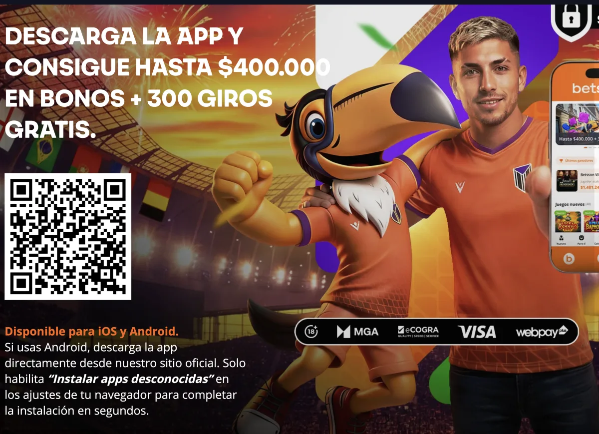 P&aacute;gina de la app de Betsson con el c&oacute;digo QR de descarga y los sellos de MGA y eCOGRA