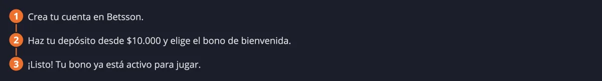 Oferta de bienvenida de casino de Betsson con los pasos para activarla