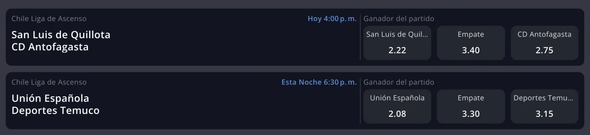 Partidos de la Liga de Ascenso de Chile en Betsson con cuotas de ganador y total de goles