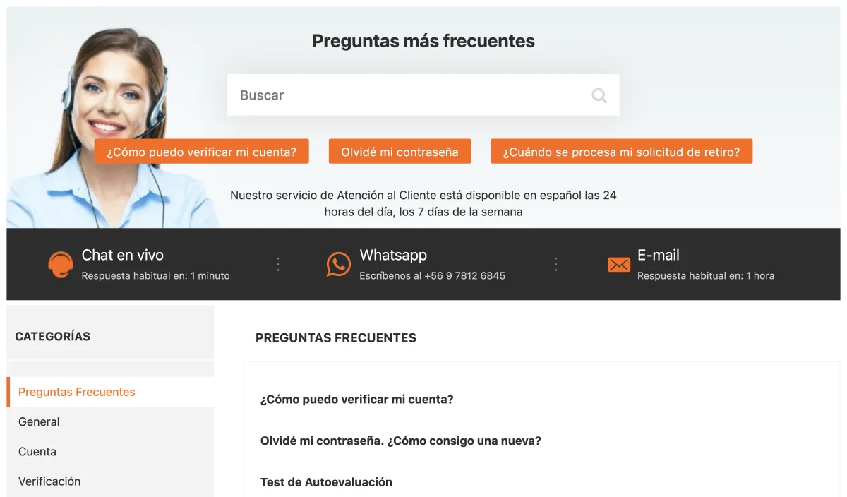 Centro de ayuda de Betsson con chat en vivo, WhatsApp y correo y sus tiempos de respuesta