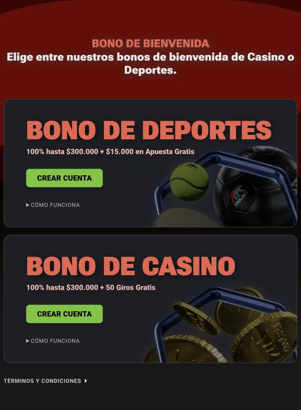 Página de bienvenida de Coolbet con el bono de deportes y el bono de casino