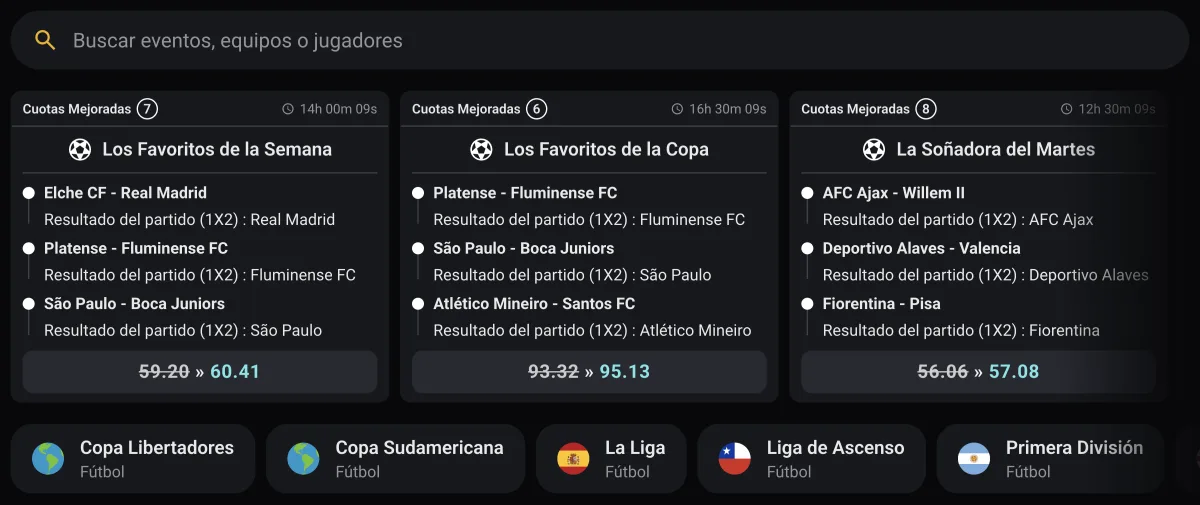 Portada de deportes de Coolbet con tres combinadas de cuota mejorada y las ligas destacadas