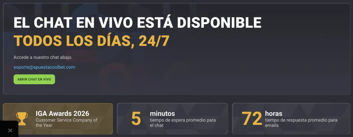 Página de soporte de Coolbet con el chat 24/7 y los tiempos promedio de respuesta