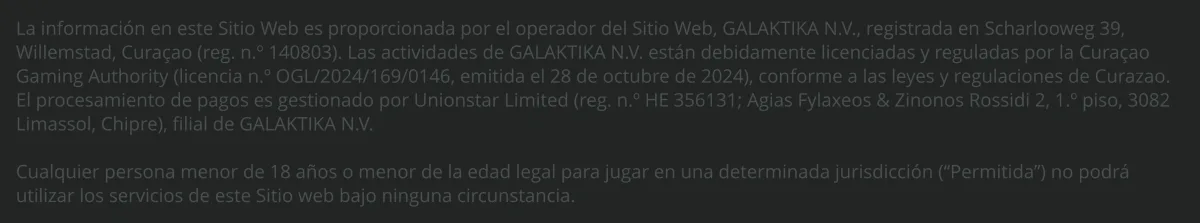 Texto de licencia de GALAKTIKA N.V. en el pie del sitio de Drip