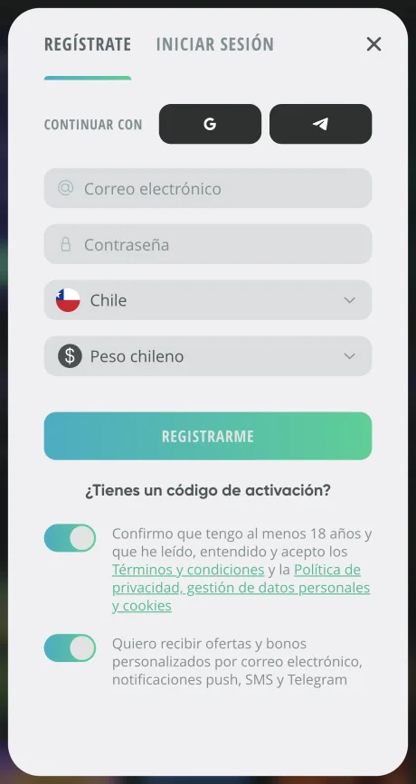Formulario de registro de Drip con país y moneda ya elegidos