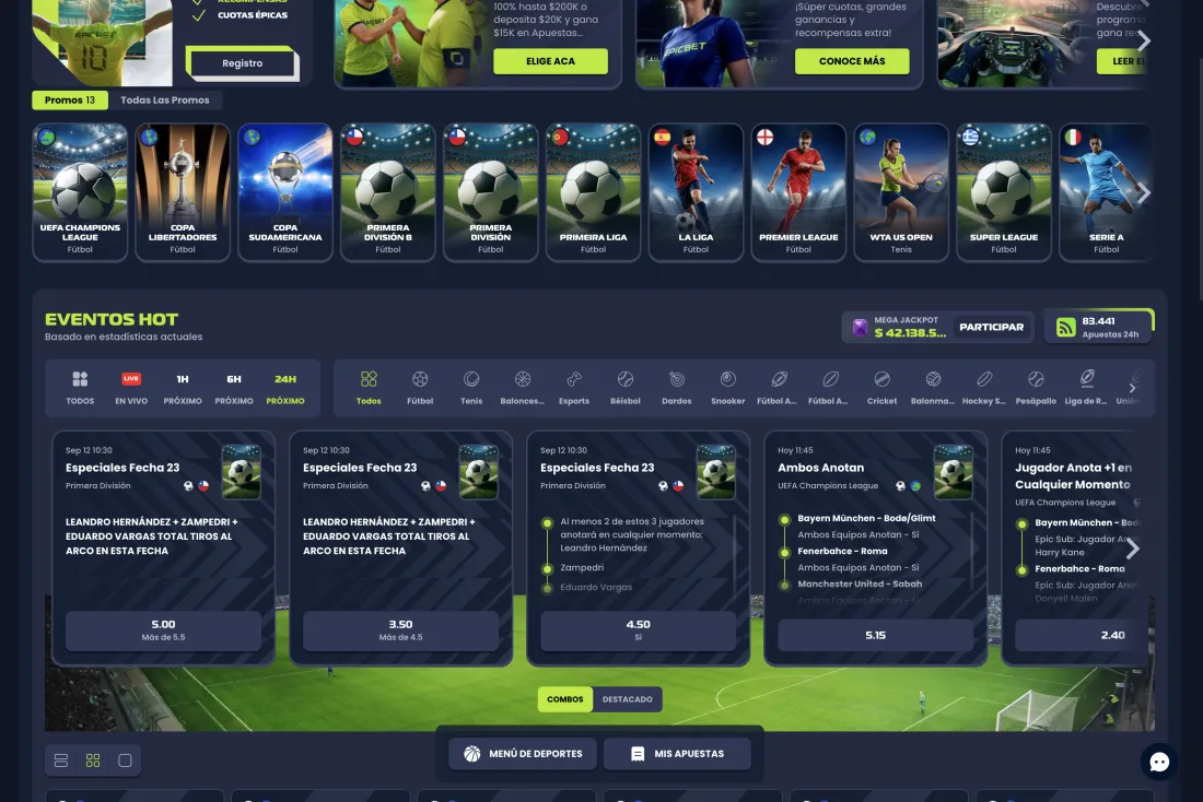 Competiciones y sección de Eventos Hot de Epicbet Chile