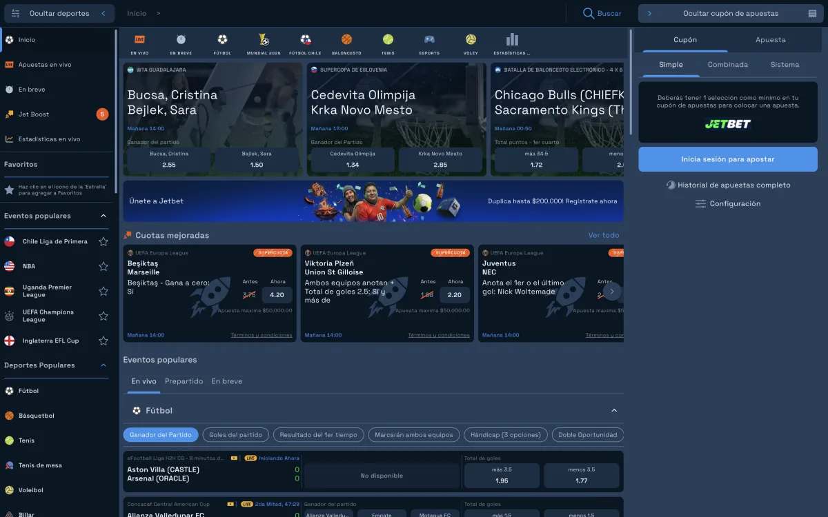 Portada del libro de apuestas de Jetbet con eventos populares y supercuotas