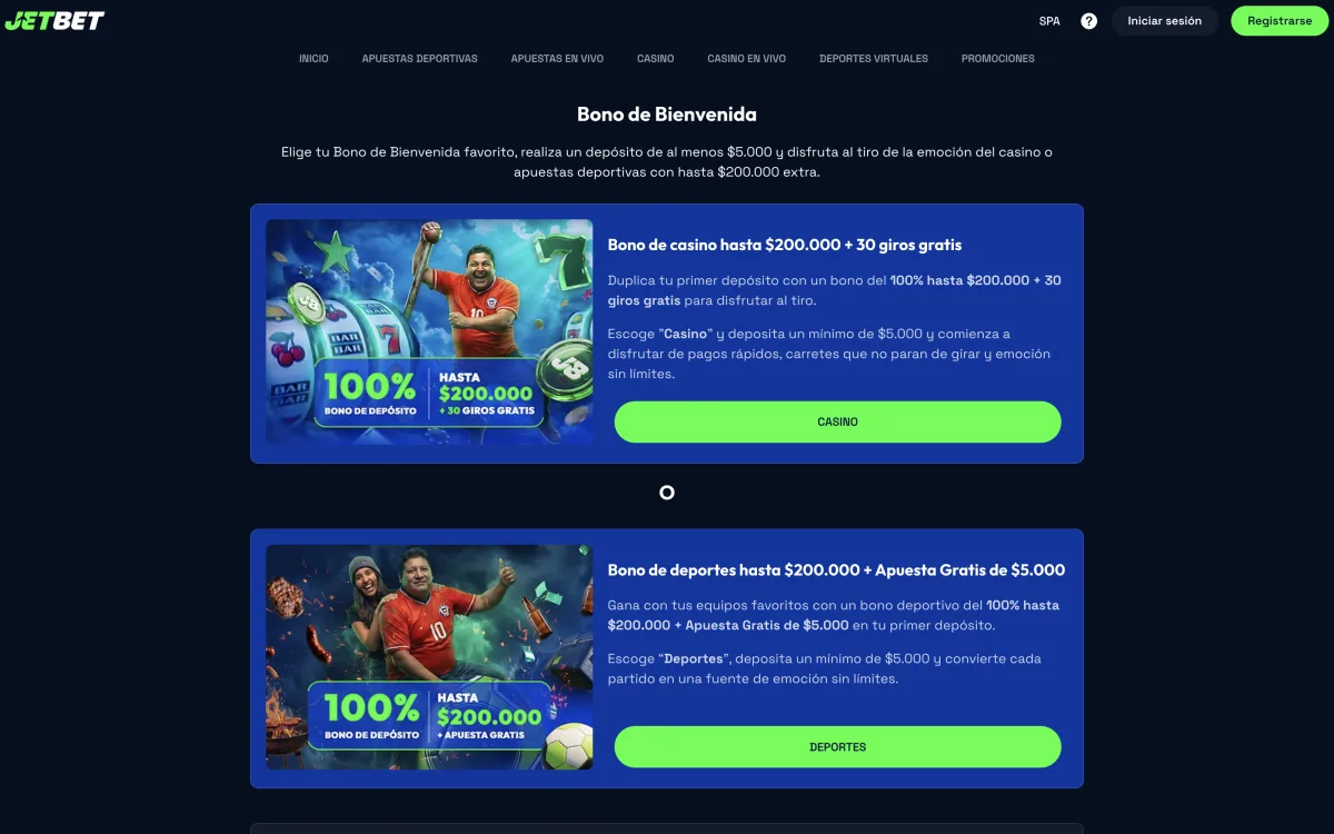 Las dos tarjetas del bono de bienvenida de Jetbet Chile, casino y deportes