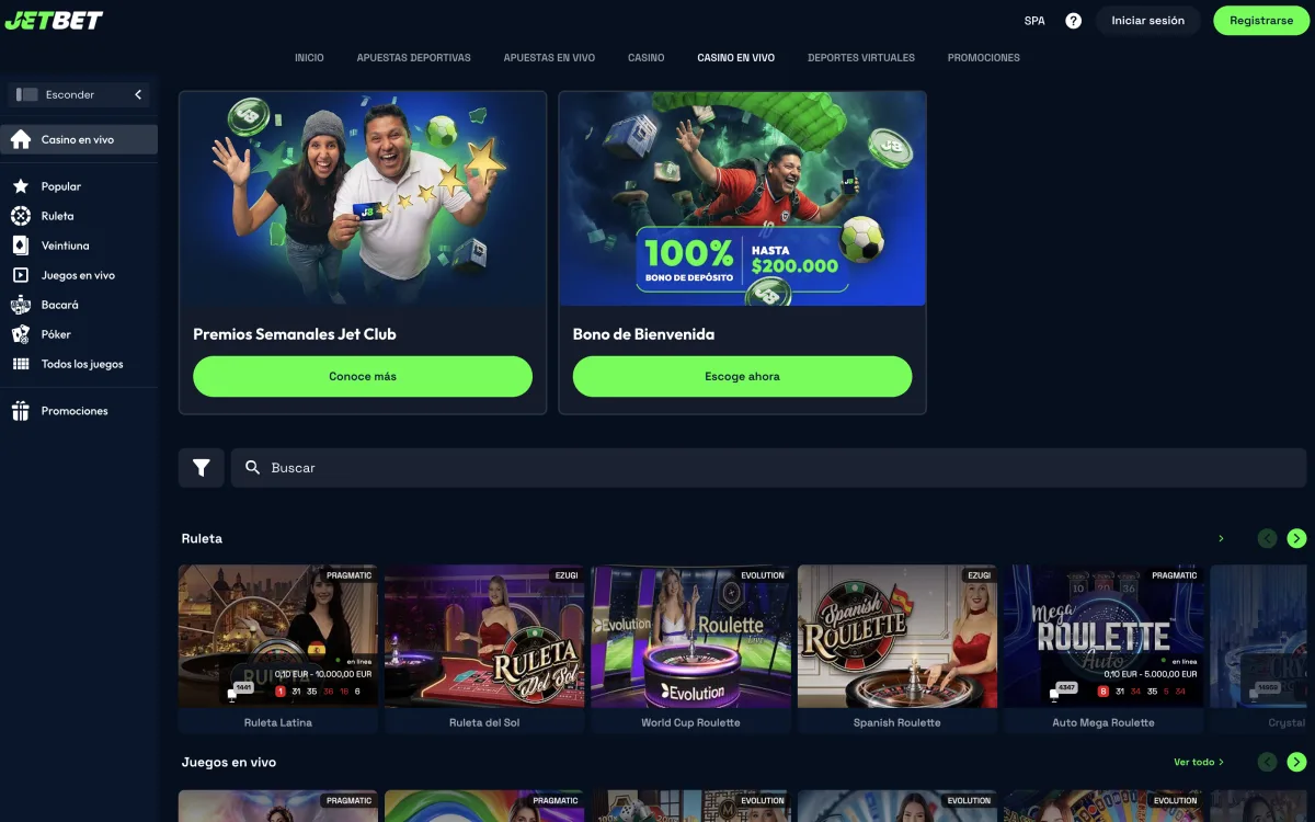 Mesas de ruleta con crupier en directo en el casino en vivo de Jetbet