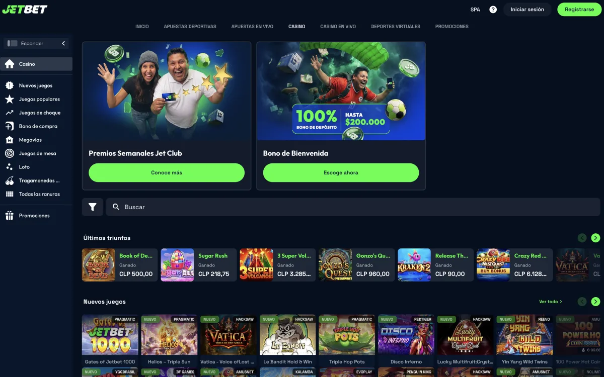 Catálogo de tragamonedas de Jetbet Chile con el proveedor de cada juego