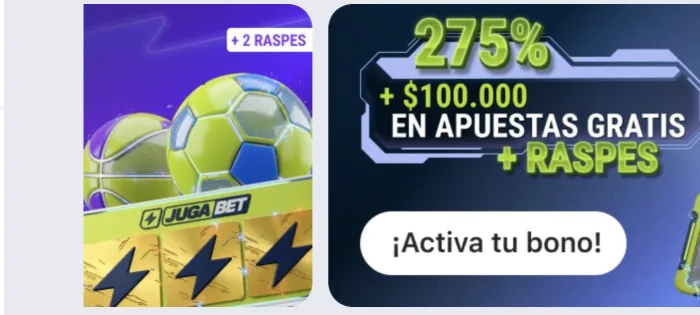 Banner del bono de deportes de JugaBet con el 275% y las apuestas gratis