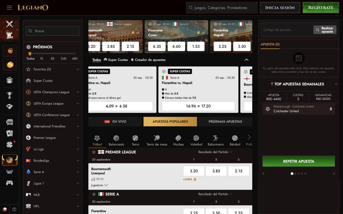 Sección de apuestas deportivas de Legiano Chile con las cuotas de Premier League