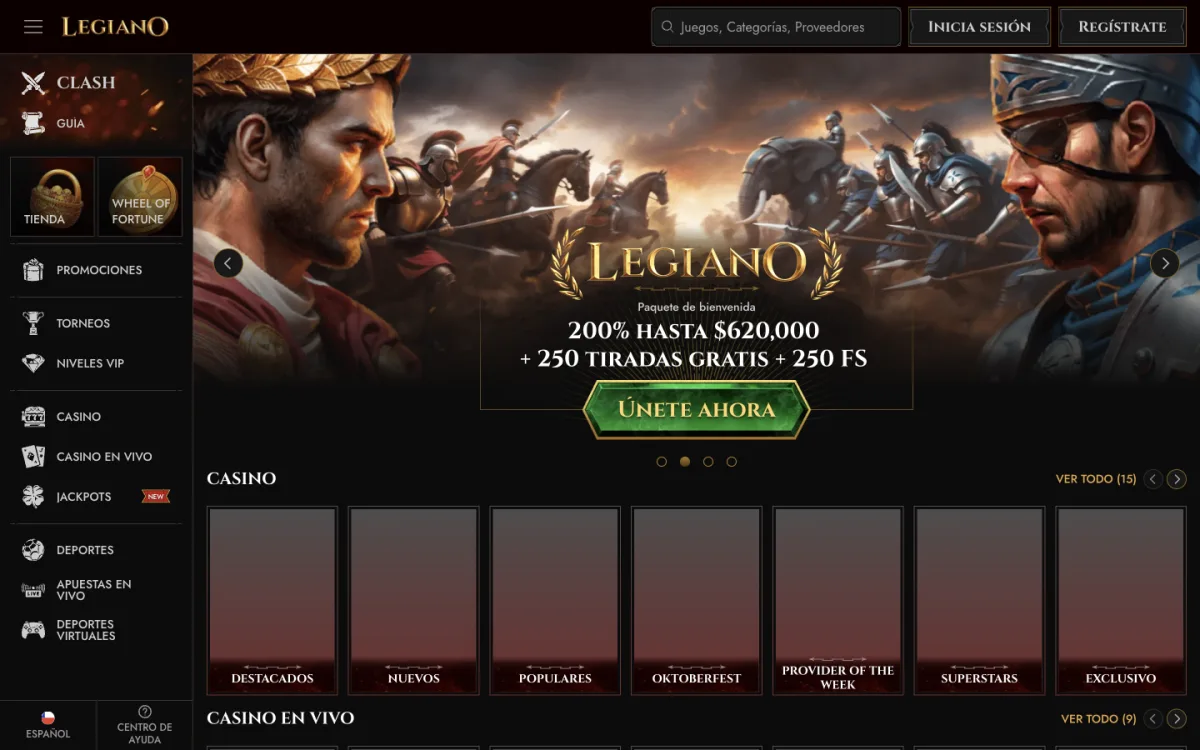 Portada del casino de Legiano Chile con sus categorías de juegos