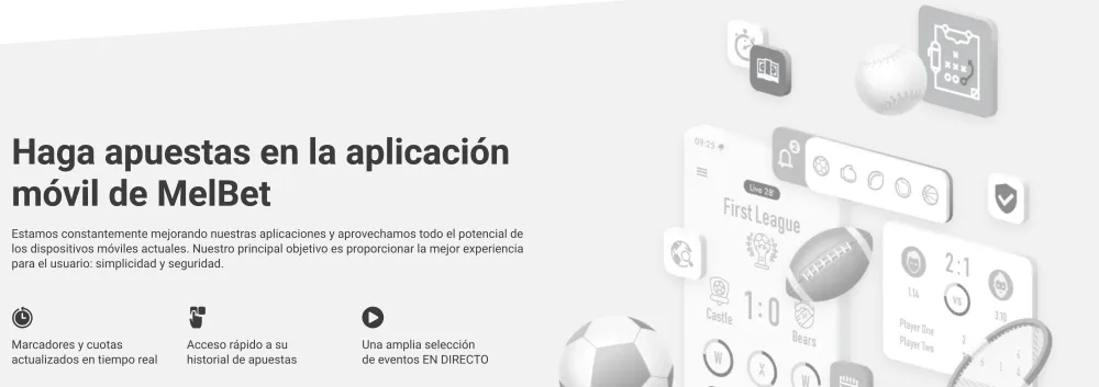 Página de la aplicación móvil de Melbet con sus funciones principales