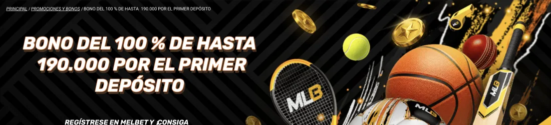 Banner de Melbet con el bono del 100% de hasta 190.000 pesos por el primer depósito