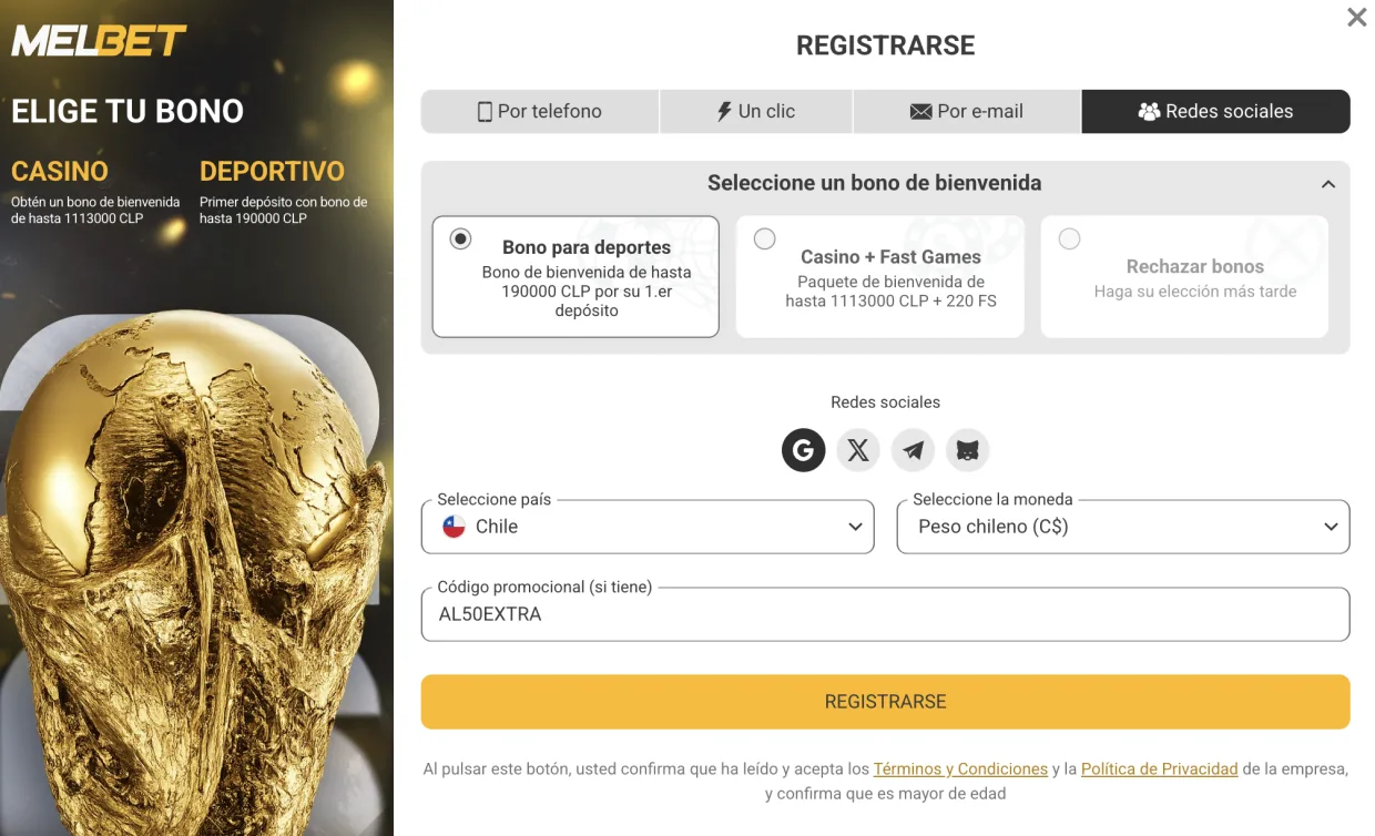 Formulario de registro de Melbet con el bono para deportes elegido y el código AL50EXTRA escrito