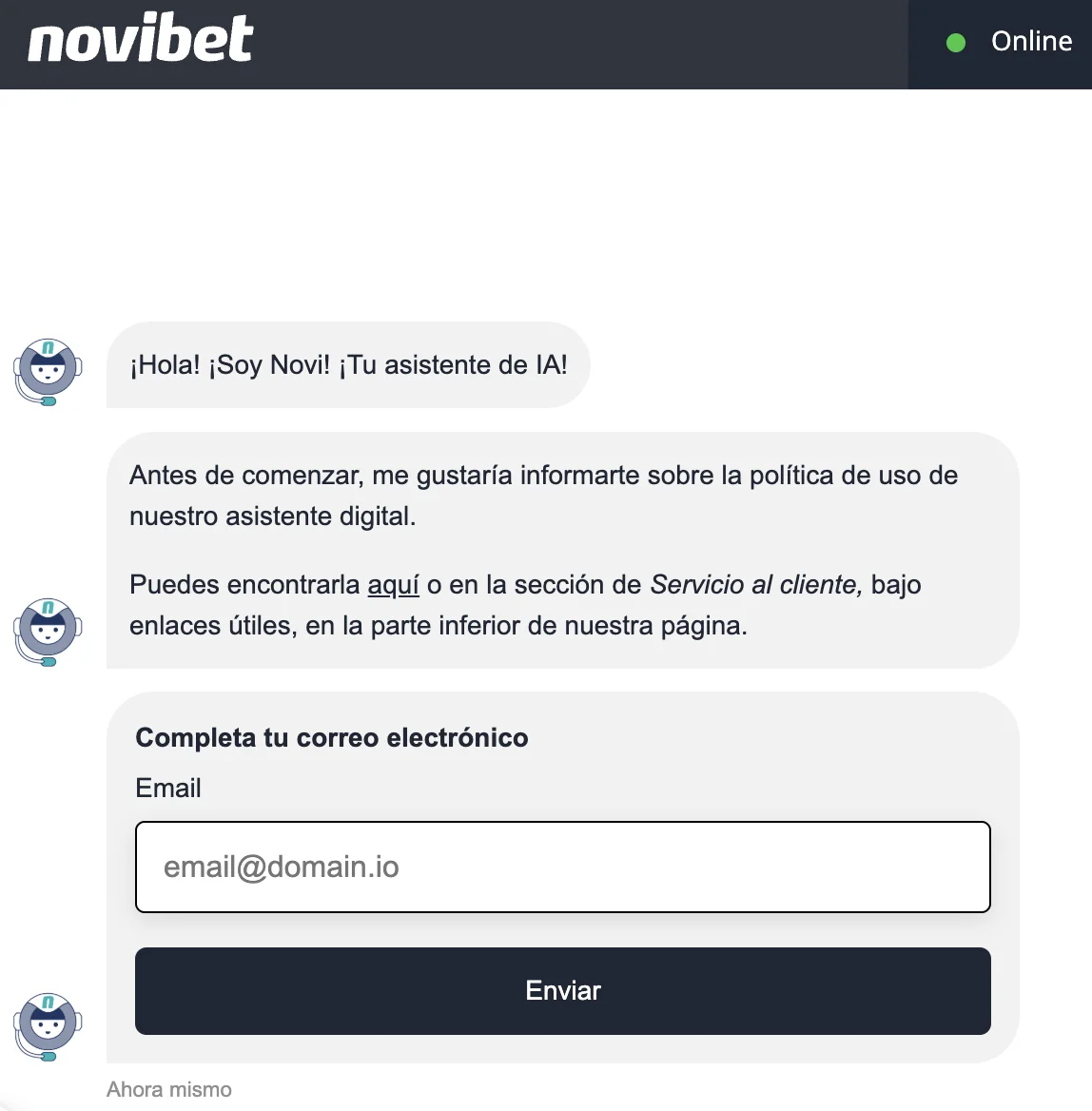 Chat de Novibet con el asistente Novi pidiendo el correo del usuario