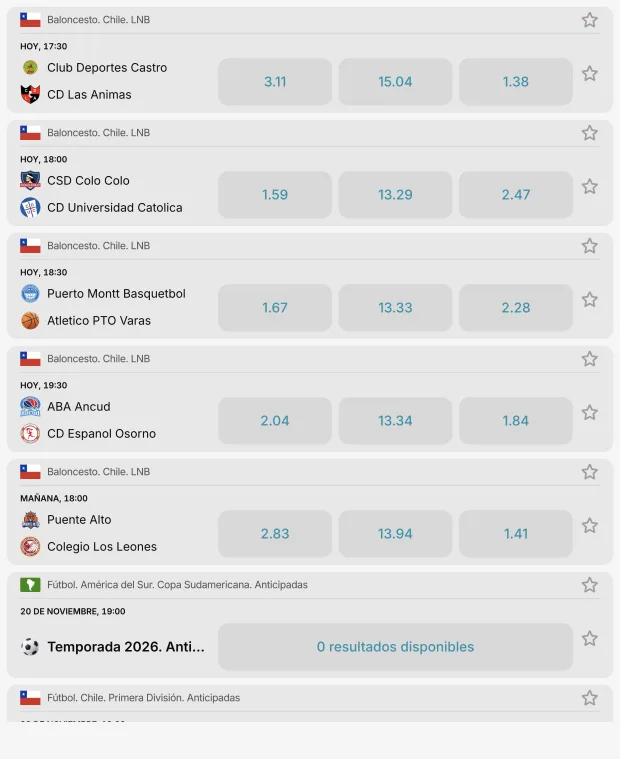 Partidos chilenos en el buscador de Orobet, con la liga de baloncesto y la Primera División