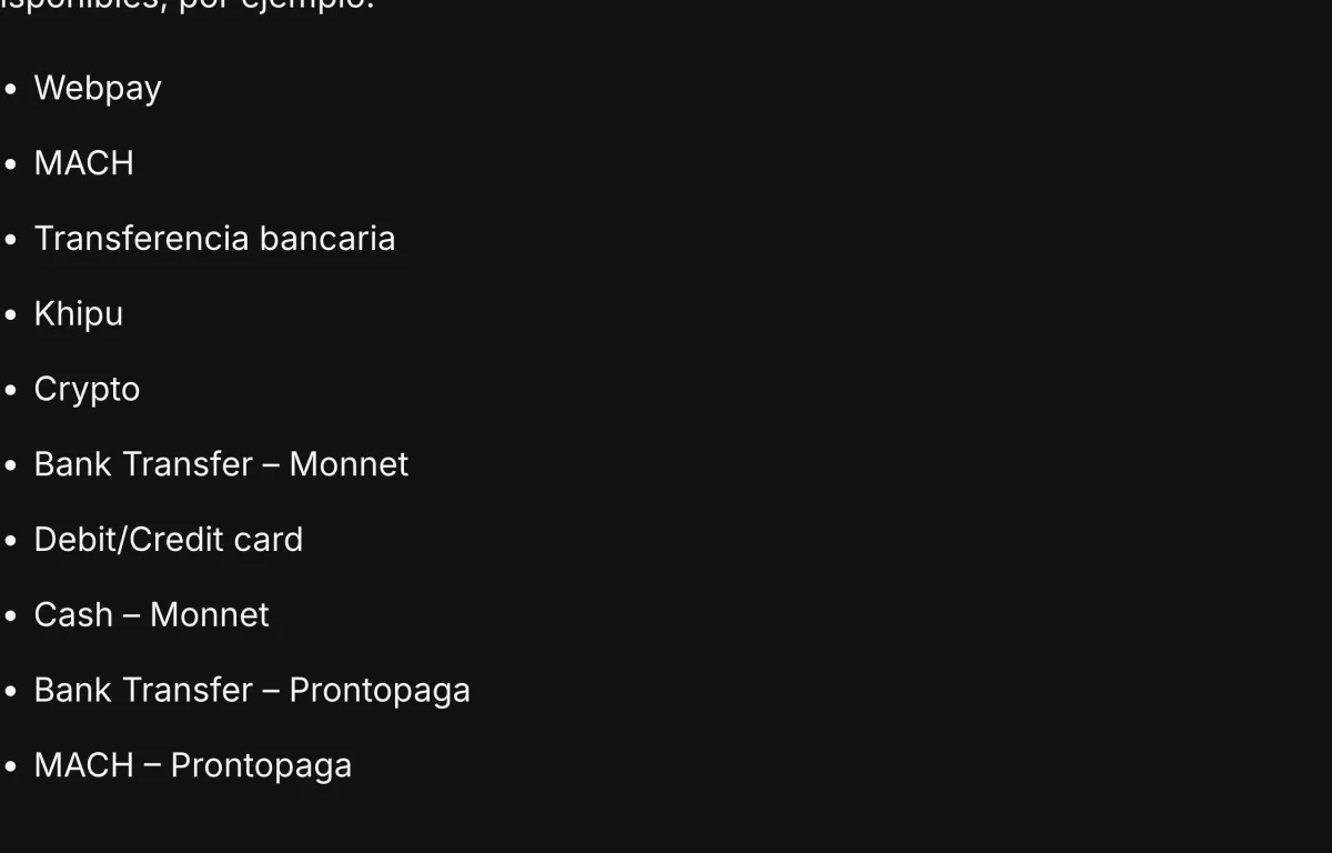 Lista de métodos de depósito de Orobet para Chile con Webpay, MACH y Khipu