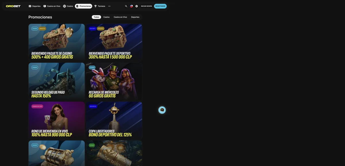 Página de promociones de Orobet con el paquete de casino y el paquete deportivo