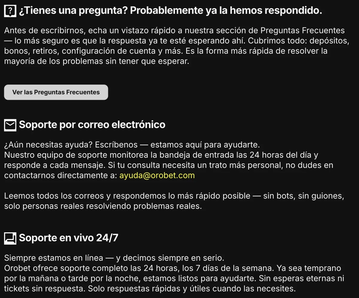 Página de contacto de Orobet con el correo de soporte y el chat 24/7