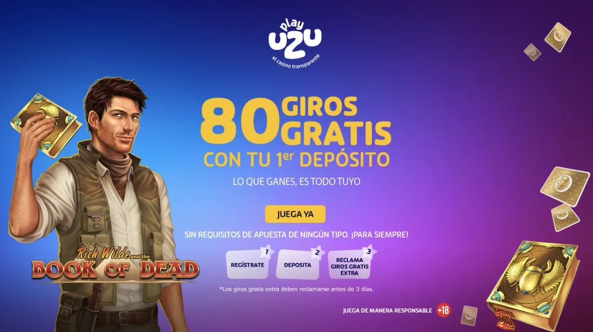 Página de la oferta de PlayUZU con 80 giros gratis en Book of Dead por el primer depósito
