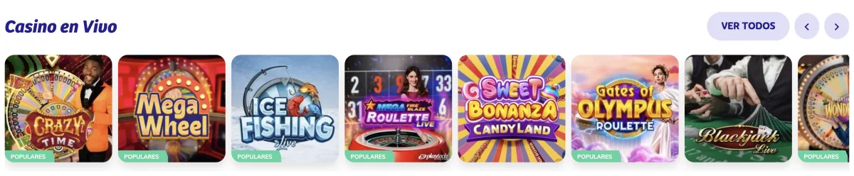 Fila de juegos de casino en vivo de PlayUZU con Crazy Time, Mega Wheel y Sweet Bonanza CandyLand