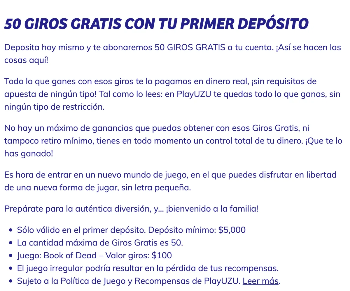 Condiciones de la oferta chilena de PlayUZU con el depósito mínimo y el valor de cada giro