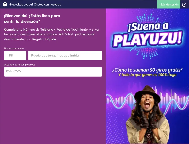 Formulario de registro de PlayUZU que pide número de celular con prefijo +56 y fecha de nacimiento
