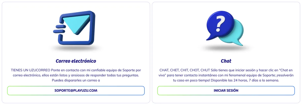 Página de ayuda de PlayUZU con el correo de soporte y el chat en vivo