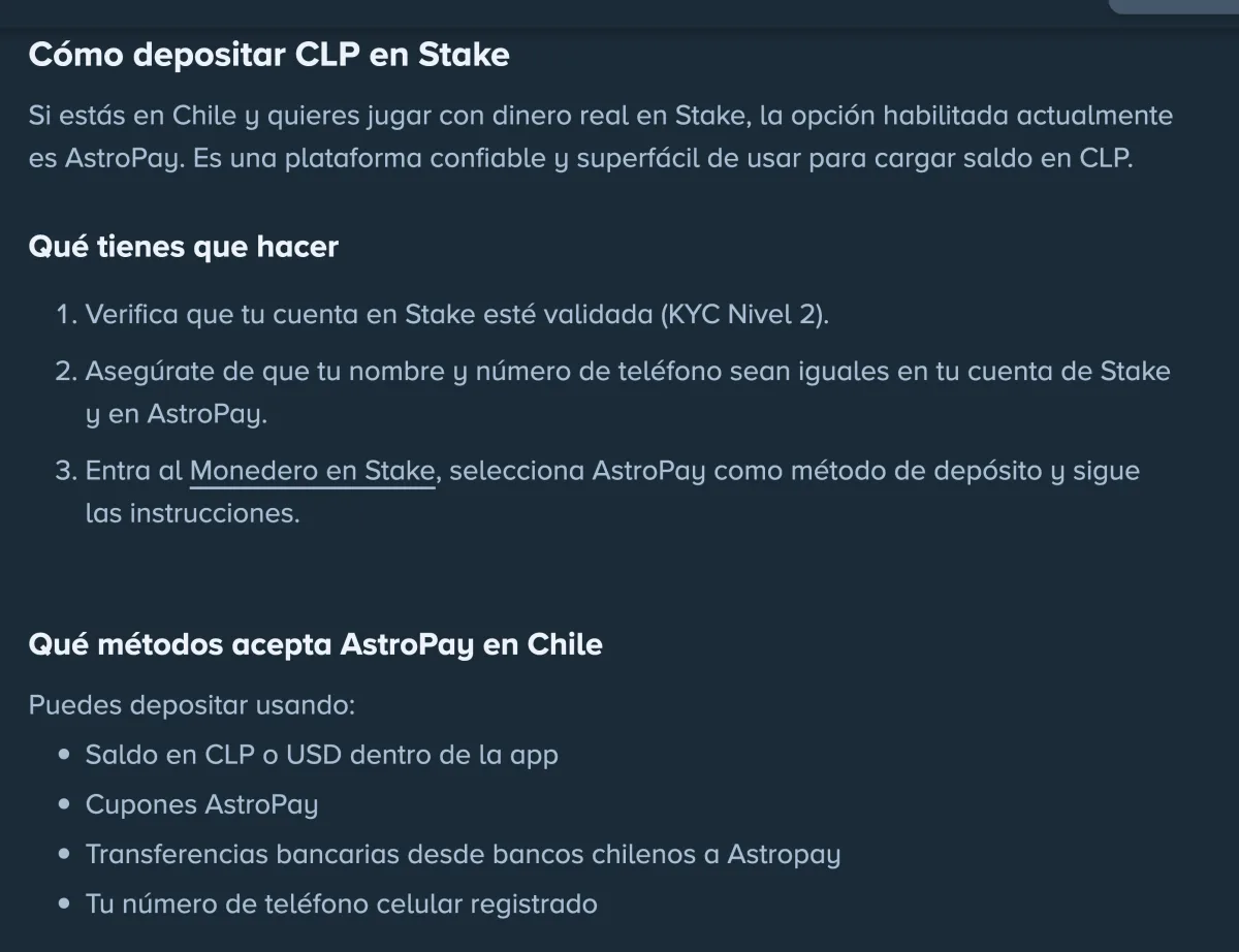 Gu&iacute;a de Stake para depositar pesos chilenos con AstroPay y sus requisitos