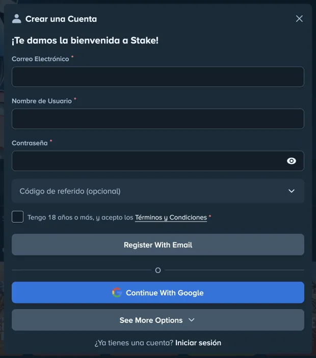 Formulario de registro de Stake con correo, usuario y contrase&ntilde;a