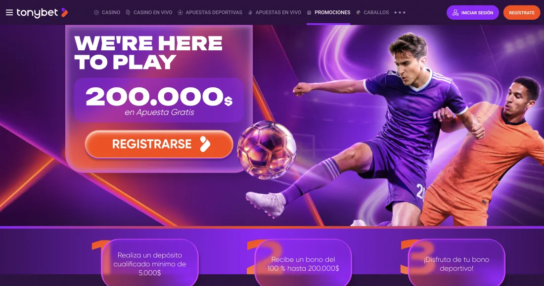 Banner de TonyBet con los 200.000 pesos en apuesta gratis y sus tres pasos