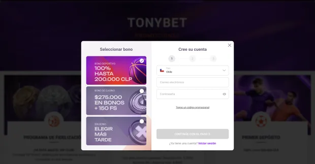 Pantalla de registro de TonyBet donde se elige entre el bono deportivo y el de casino