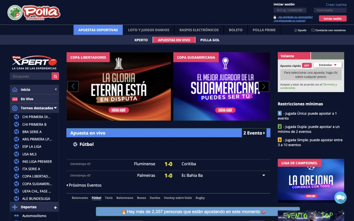 Plataforma Xperto de La Polla Chilena con sus torneos destacados y apuestas en vivo