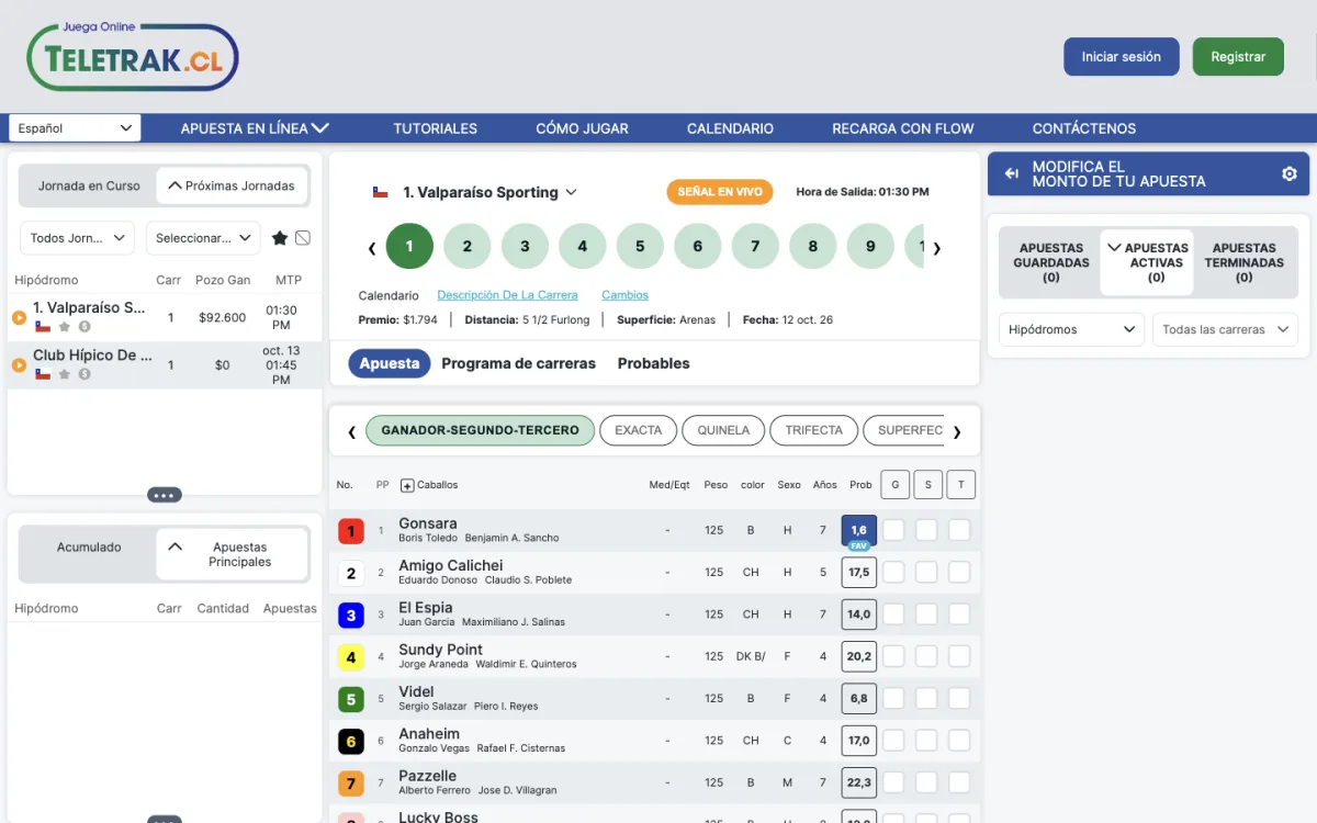 Plataforma de apuestas de Teletrak con el programa de una carrera y sus caballos